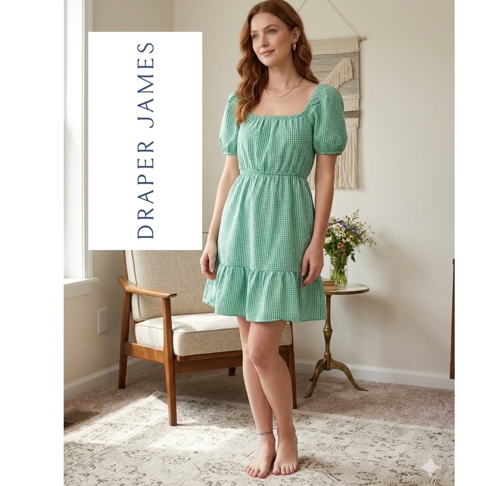 Draper James RSVP Green Gingham Reversible Puff Sleeve Mini Dress XS‎ Cotton